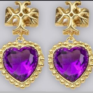 TORY BURCH ROXANNE GOLD LOGO PURPLE HEART DROP EARRINGS